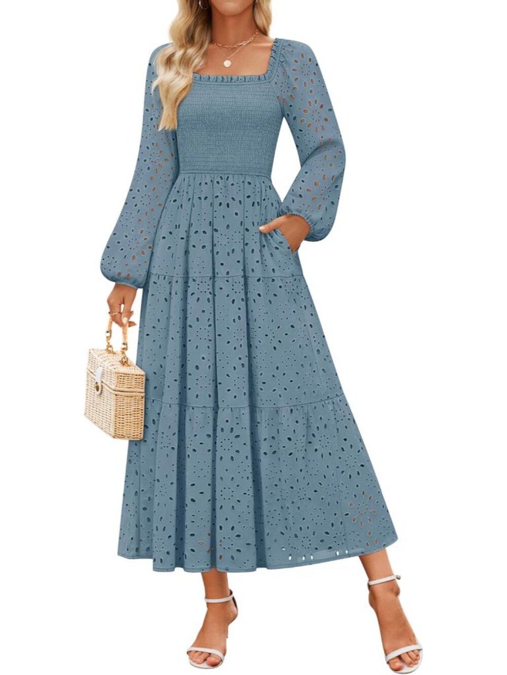 🆕Women's Dusty Blue Long Sleeve Square Neck LINE Mid Waist Pockets Maxi Dress